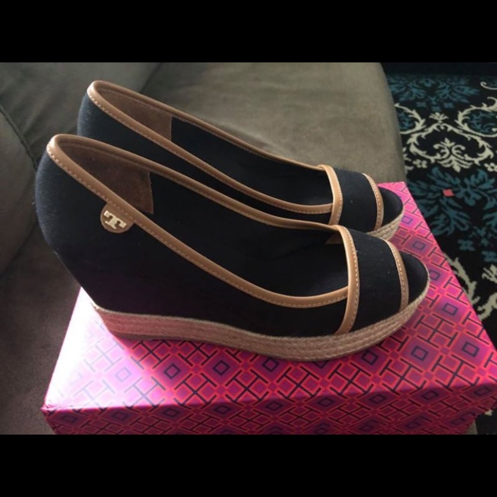 Black and brown Tory Burch wedges